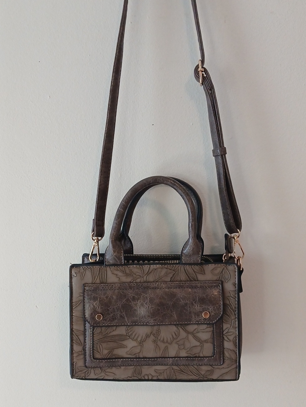 Source Unknown Olive Floral Embossed Crossbody Satchel